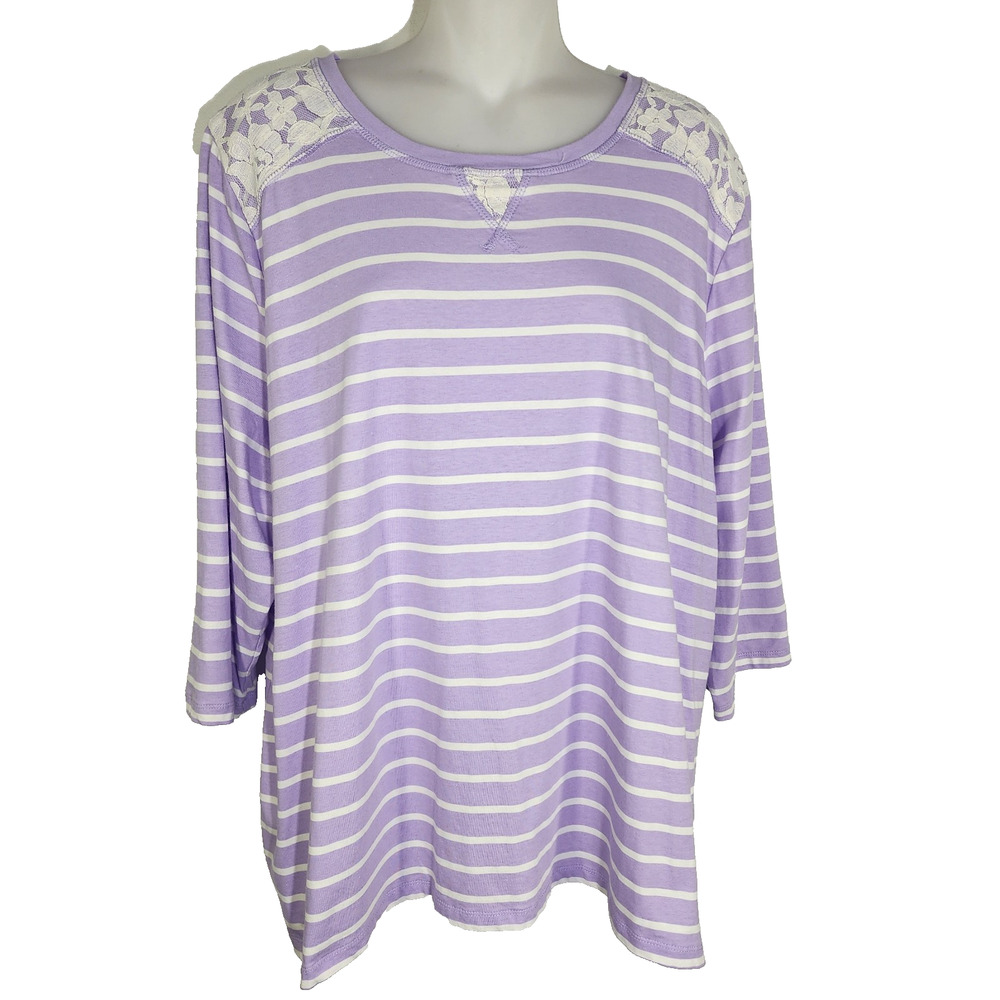 Denim & Co Womens Perfect Jersey Striped Top Lace Detail 3/4 Sleeve XL A252687